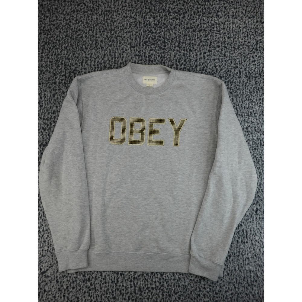 Obey Sweatshirt Mens L Gray Houndstooth Logo Crewneck Pullover Streetwear